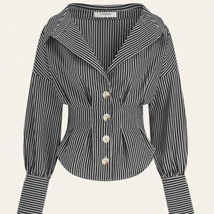 BRAND NEW NEVER USED Commense Striped Collared Shirt with Waist-Cinching Design